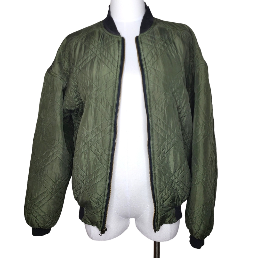 Vintage Robert Stock Quilted Silk Bomber Jacket Olive Green M